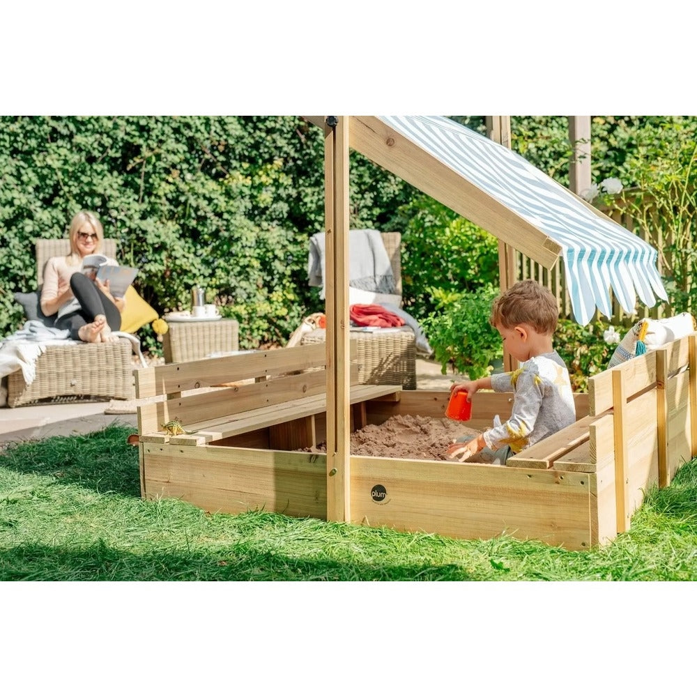 PLUM WOODEN SANDPIT WITH CANOPY - NATURAL