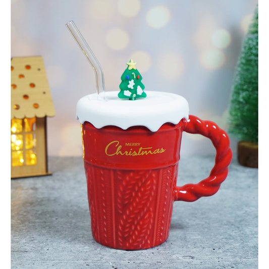 Red Self Knit Patterned ceramic christmas Coffee Mug with 3d christmas Tree Lid and Straw