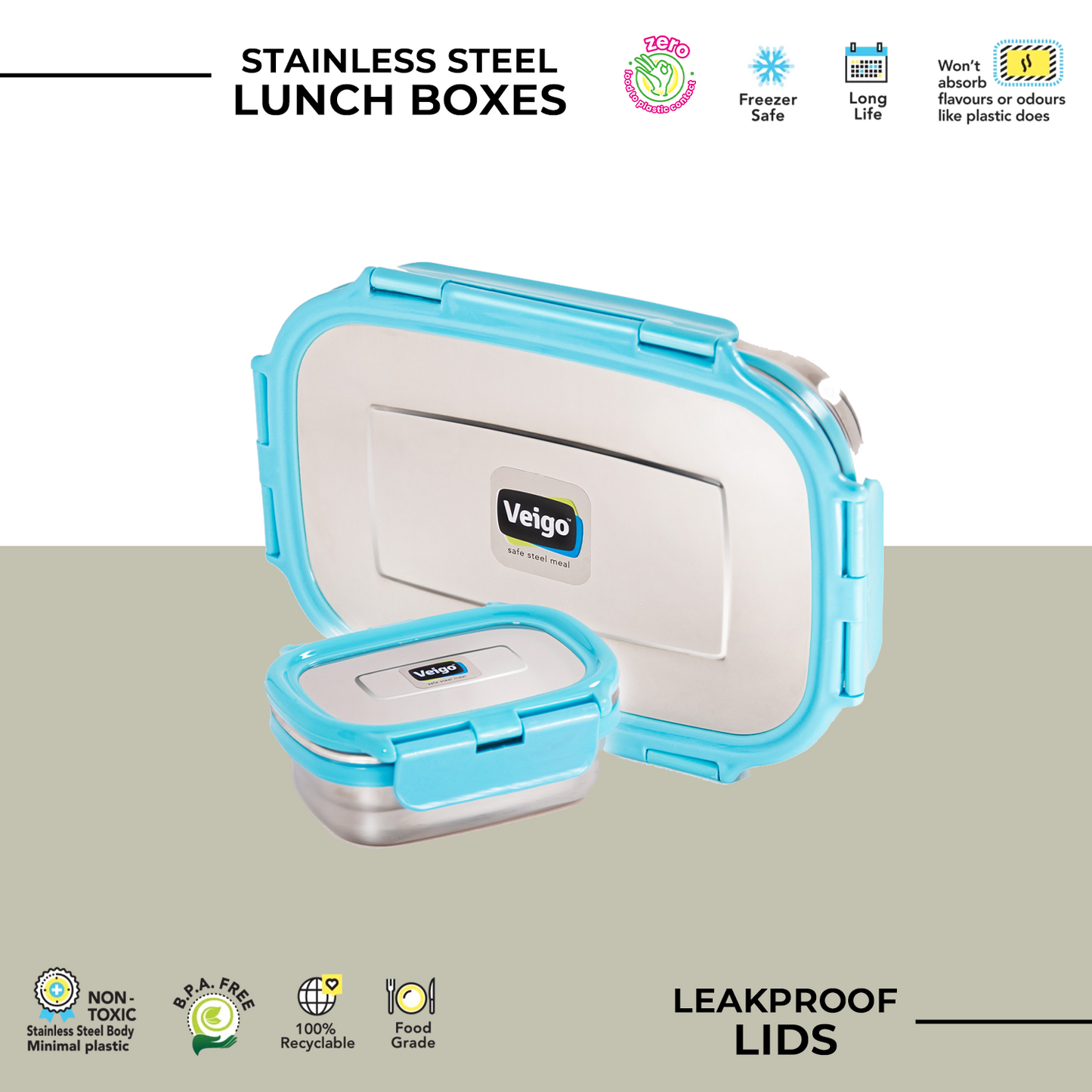 Veigo Jumbo Stainless Steel Lunch Box (with inner veg box) - Aqua Blue | Limited Edition