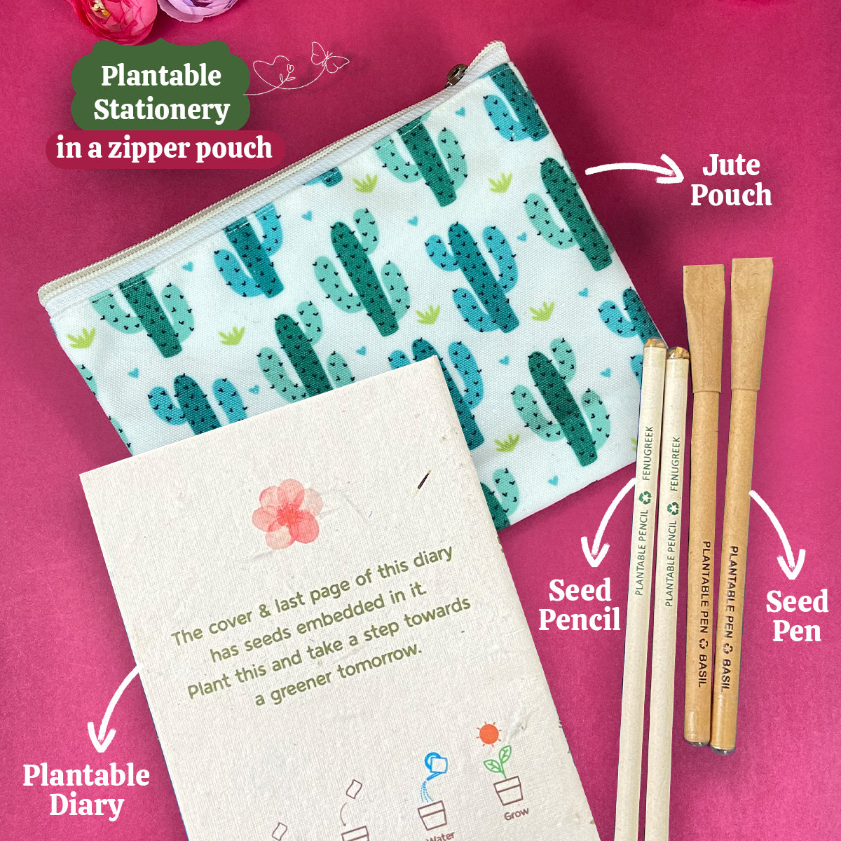 Plantable Stationery - Seed Diary, Seed Pens & Pencils in Zipper Pouch