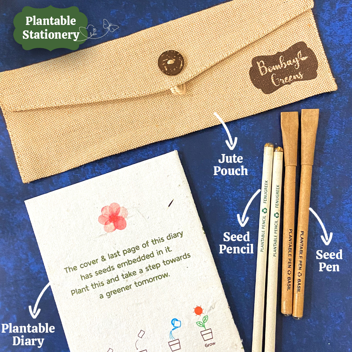 Plantable Stationery - Seed Diary, Seed Pens & Pencils in Jute Pouch