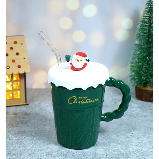 Green Self Knit Patterned ceramic christmas Coffee Mug with 3d christmas Tree Lid and Straw