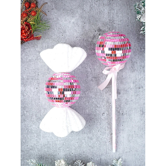 2 pcs Pink Shiny Disco themed Big Size candy shaped Christmas Tree Ornaments