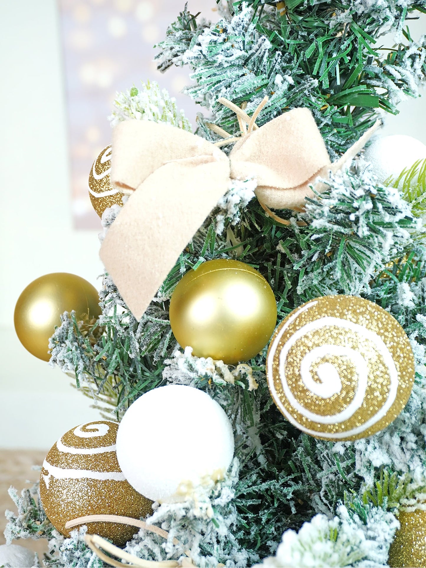 2 feet Gold Swirl Frosty Bushy Christmas Tree filled with balls and ornament Fillers