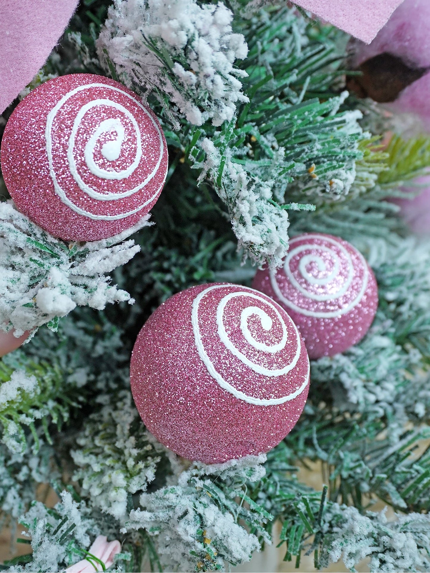 2 feet pastel Pink Swirl Snowy Bushy Christmas Tree filled with balls and ornament Fillers