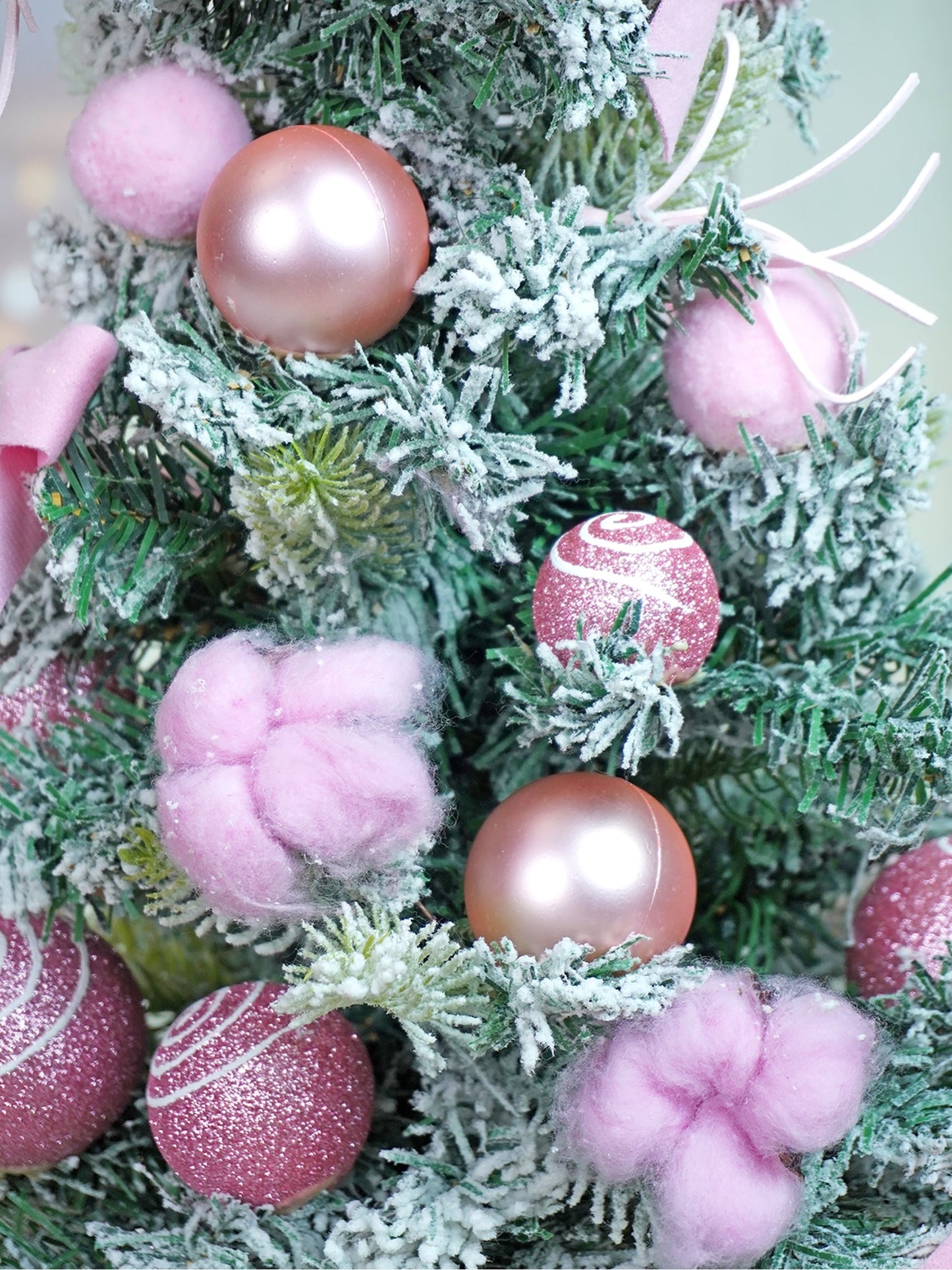 2 feet pastel Pink Swirl Snowy Bushy Christmas Tree filled with balls and ornament Fillers