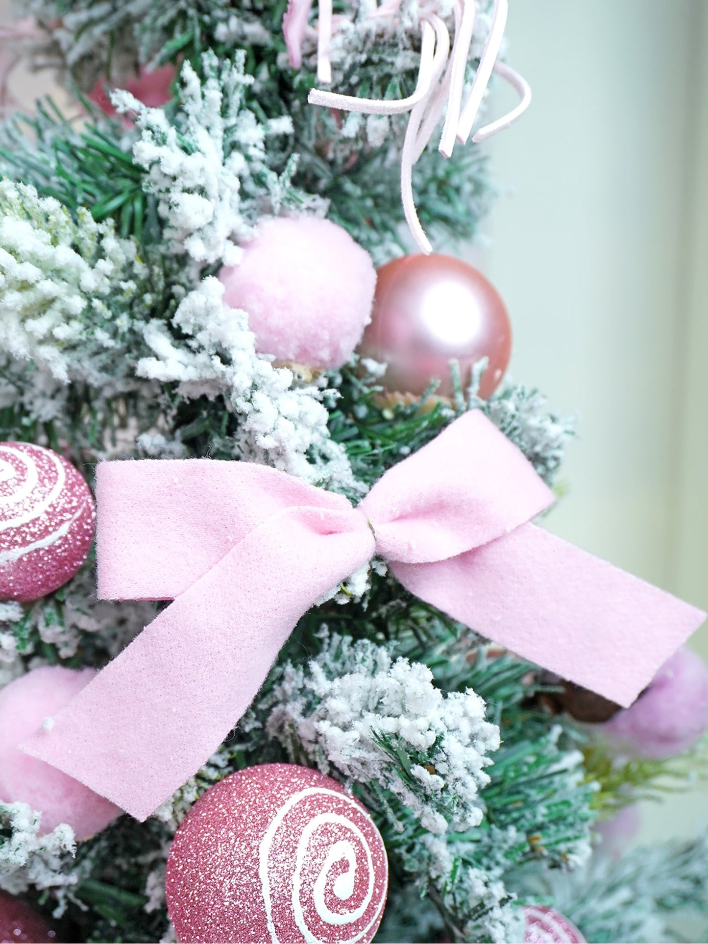 2 feet pastel Pink Swirl Snowy Bushy Christmas Tree filled with balls and ornament Fillers