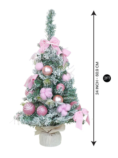 2 feet pastel Pink Swirl Snowy Bushy Christmas Tree filled with balls and ornament Fillers