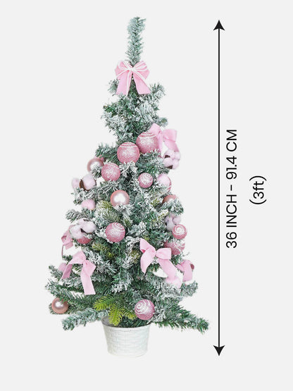 3 feet pastel Pink Swirl snowy Bushy Christmas Tree filled with balls and ornament Fillers