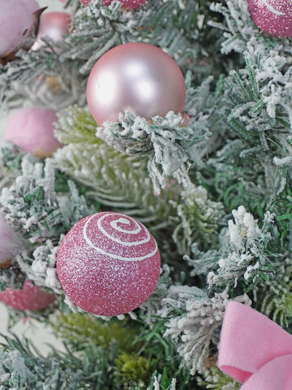 3 feet pastel Pink Swirl snowy Bushy Christmas Tree filled with balls and ornament Fillers