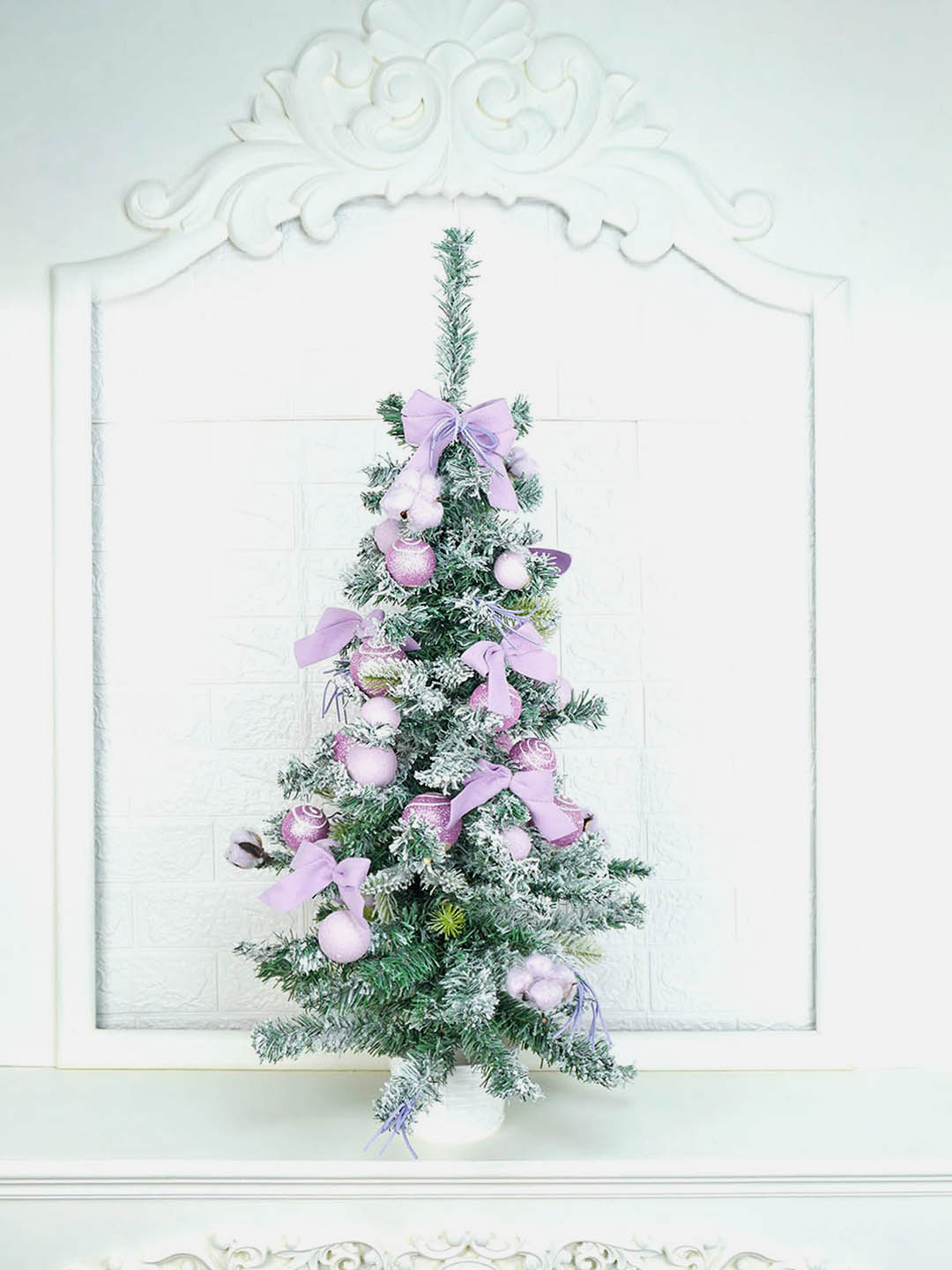 3 feet Pastel Purple Swirl Snowy Bushy Christmas Tree filled with balls and ornament Fillers