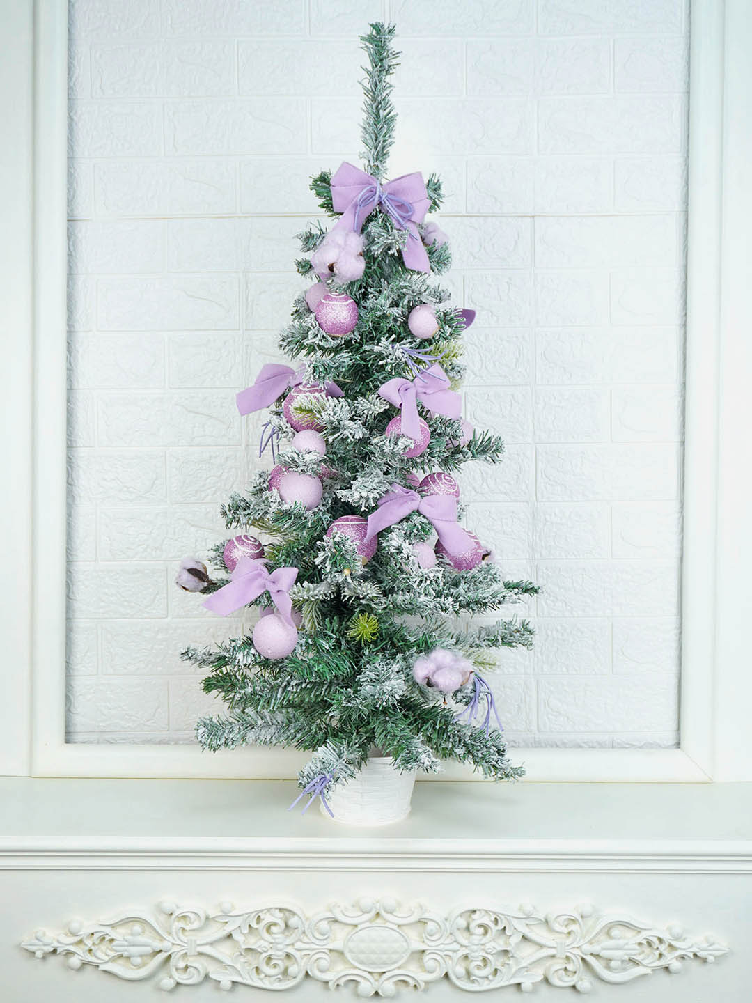 3 feet Pastel Purple Swirl Snowy Bushy Christmas Tree filled with balls and ornament Fillers