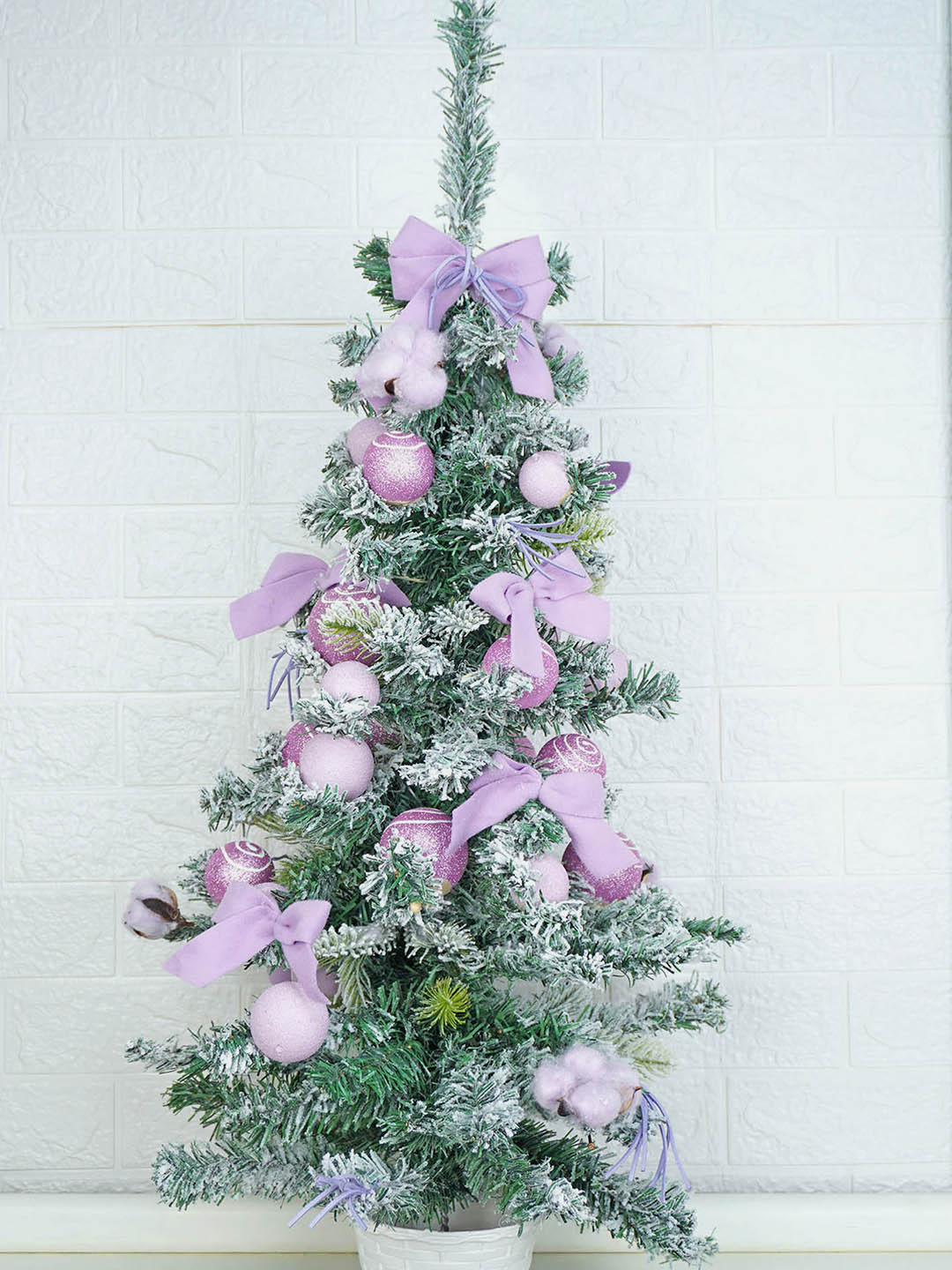 3 feet Pastel Purple Swirl Snowy Bushy Christmas Tree filled with balls and ornament Fillers