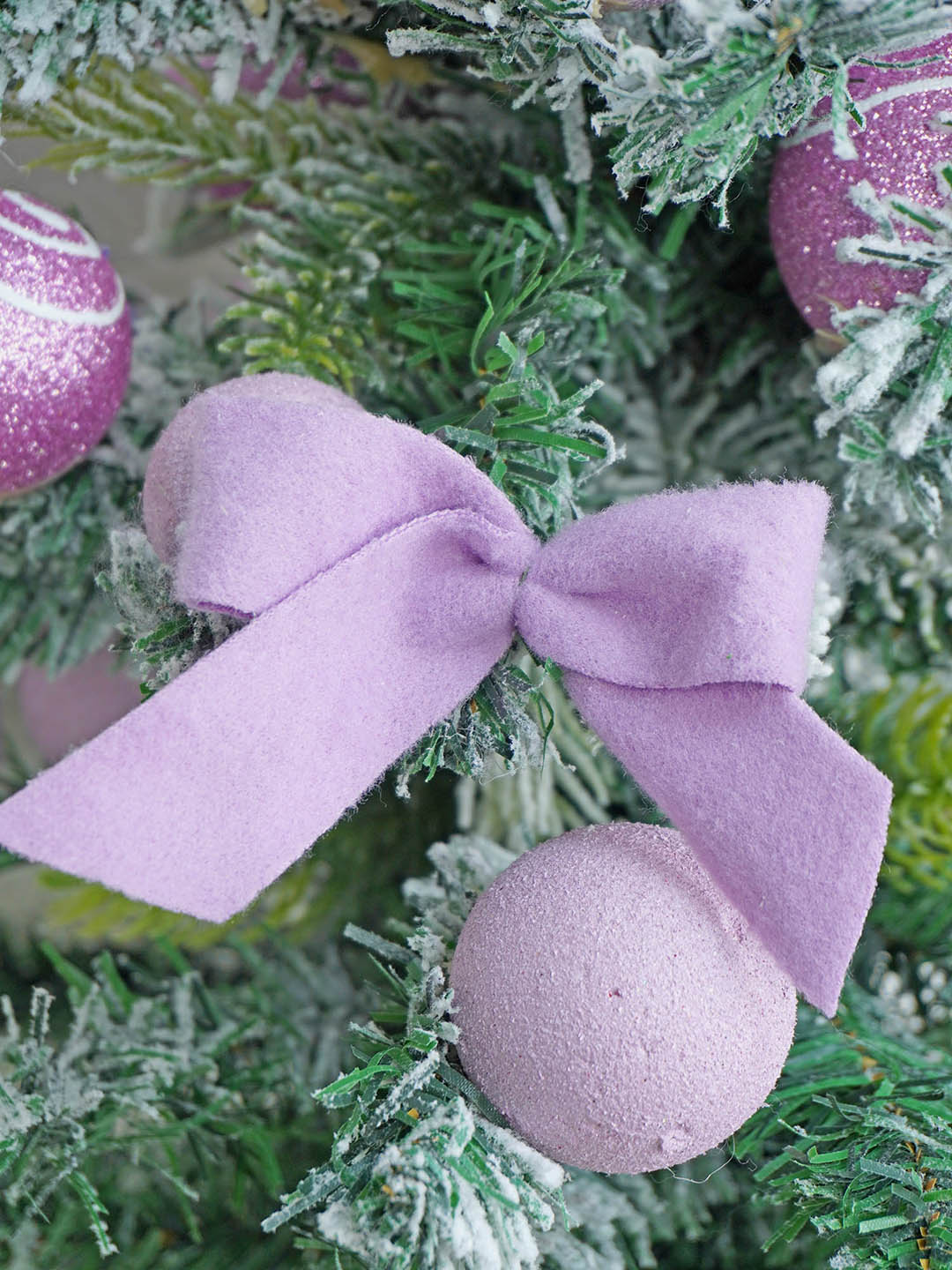 3 feet Pastel Purple Swirl Snowy Bushy Christmas Tree filled with balls and ornament Fillers