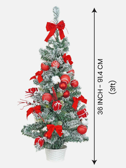 3 feet Red Swirl Frosty Bushy Christmas Tree filled with balls and ornament Fillers