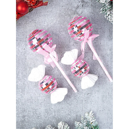 4 pcs Pink Shiny Disco themed medium Sized candy shaped Christmas Tree Ornaments