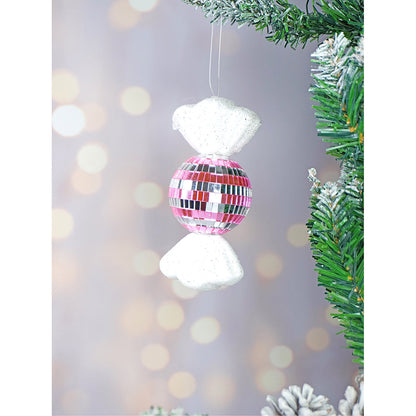 4 pcs Pink Shiny Disco themed medium Sized candy shaped Christmas Tree Ornaments