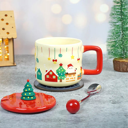 Chimney Santa themed Christmas Mug with 3d christmas tree Lid and Stainless Spoon.