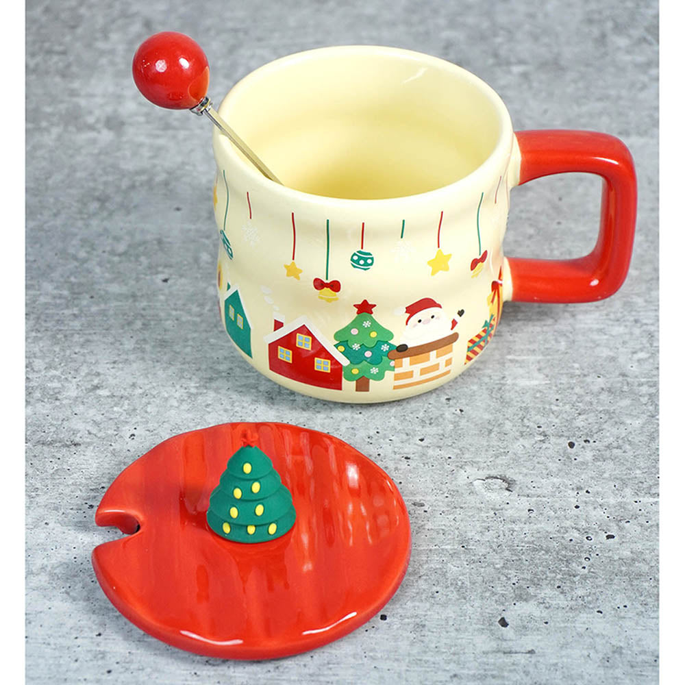 Chimney Santa themed Christmas Mug with 3d christmas tree Lid and Stainless Spoon.