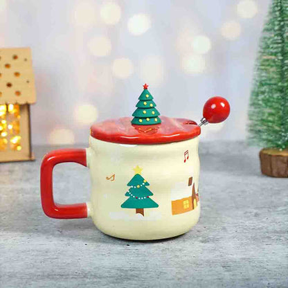 Deer with sledge Christmas Mug with 3d christmas tree Lid and Stainless Spoon.