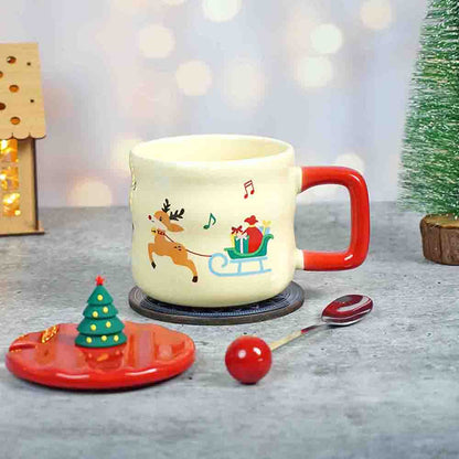 Deer with sledge Christmas Mug with 3d christmas tree Lid and Stainless Spoon.