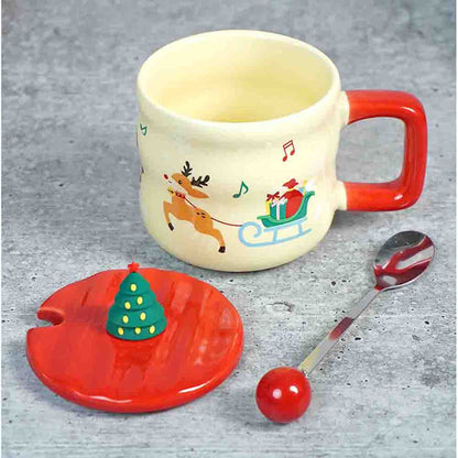 Deer with sledge Christmas Mug with 3d christmas tree Lid and Stainless Spoon.