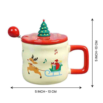 Deer with sledge Christmas Mug with 3d christmas tree Lid and Stainless Spoon.