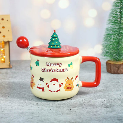 Christmas Character Faces Christmas Mug with 3d christmas tree Lid and Stainless Spoon.