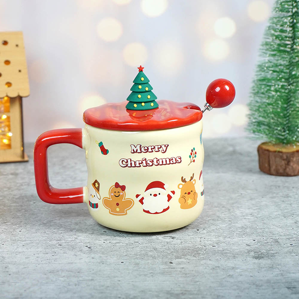 Christmas Character Faces Christmas Mug with 3d christmas tree Lid and Stainless Spoon.