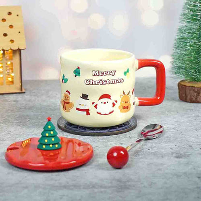 Christmas Character Faces Christmas Mug with 3d christmas tree Lid and Stainless Spoon.