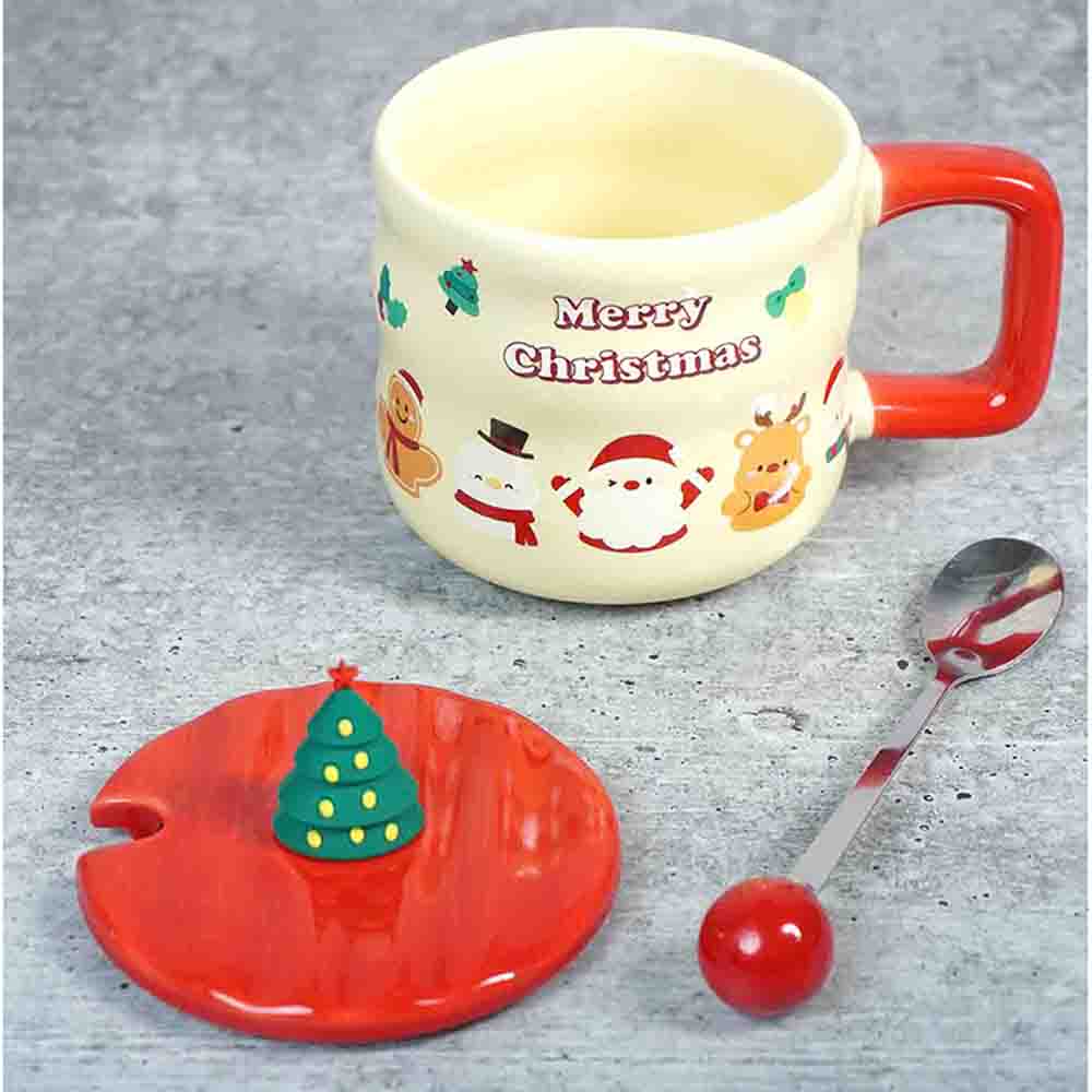 Christmas Character Faces Christmas Mug with 3d christmas tree Lid and Stainless Spoon.