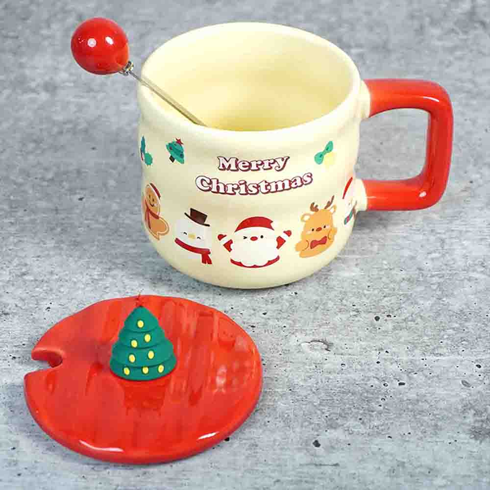 Christmas Character Faces Christmas Mug with 3d christmas tree Lid and Stainless Spoon.