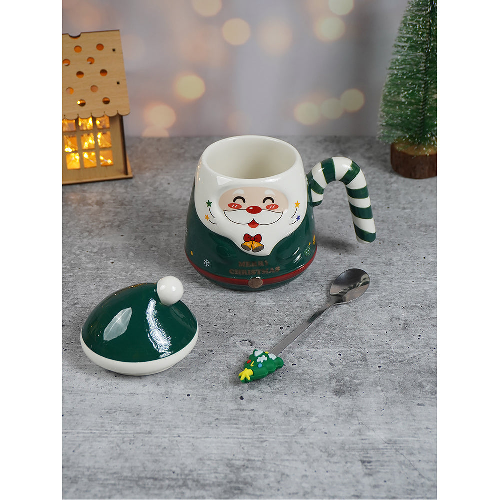 Green Santa Candy Cane Handle Ceramic Christmas Coffee Mug with lid and tree embellished Stainless Steel Spoon