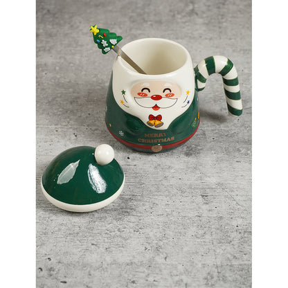 Green Santa Candy Cane Handle Ceramic Christmas Coffee Mug with lid and tree embellished Stainless Steel Spoon