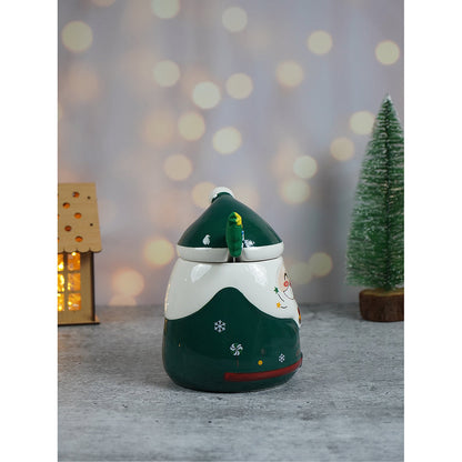 Green Santa Candy Cane Handle Ceramic Christmas Coffee Mug with lid and tree embellished Stainless Steel Spoon