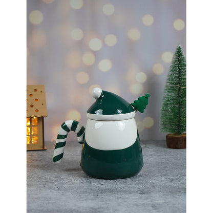 Green Santa Candy Cane Handle Ceramic Christmas Coffee Mug with lid and tree embellished Stainless Steel Spoon