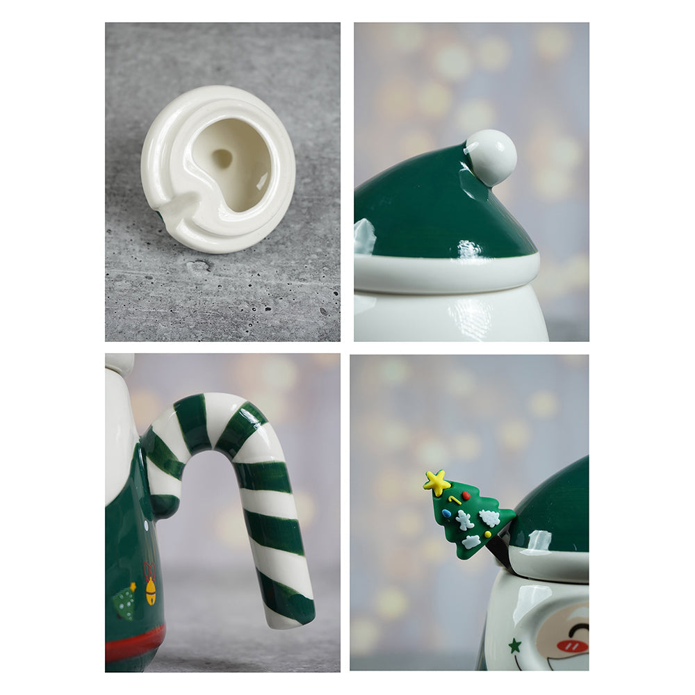 Green Santa Candy Cane Handle Ceramic Christmas Coffee Mug with lid and tree embellished Stainless Steel Spoon