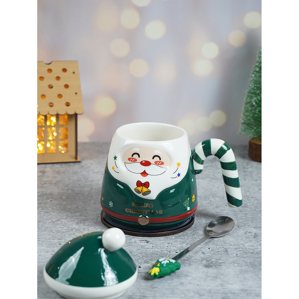 Green Santa Candy Cane Handle Ceramic Christmas Coffee Mug with lid and tree embellished Stainless Steel Spoon