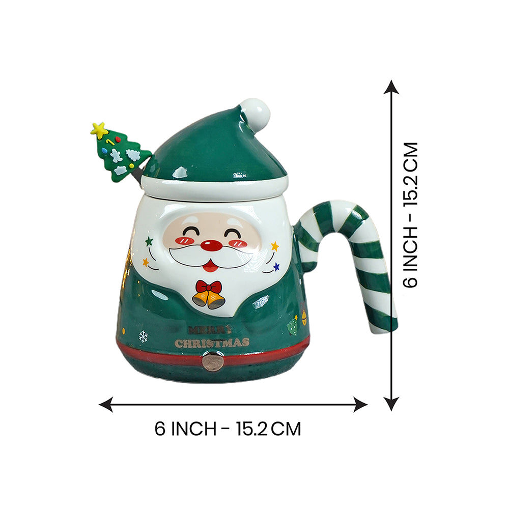 Green Santa Candy Cane Handle Ceramic Christmas Coffee Mug with lid and tree embellished Stainless Steel Spoon