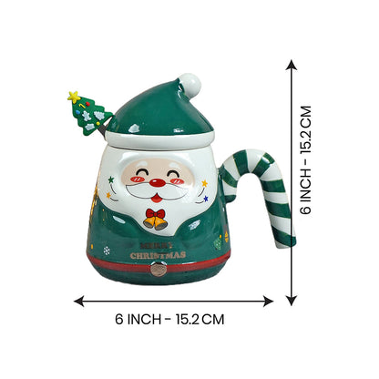 Green Santa Candy Cane Handle Ceramic Christmas Coffee Mug with lid and tree embellished Stainless Steel Spoon