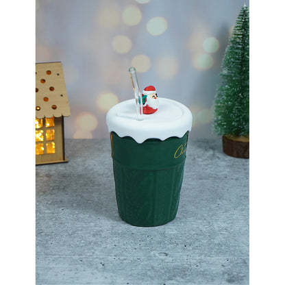 Green Self Knit Patterned ceramic christmas Coffee Mug with 3d christmas Tree Lid and Straw