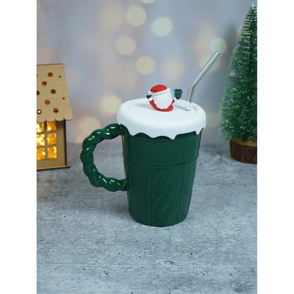 Green Self Knit Patterned ceramic christmas Coffee Mug with 3d christmas Tree Lid and Straw