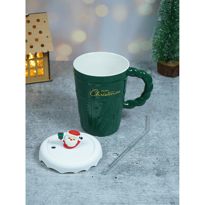 Green Self Knit Patterned ceramic christmas Coffee Mug with 3d christmas Tree Lid and Straw