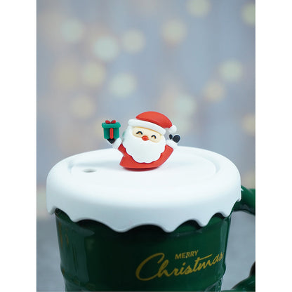 Green Self Knit Patterned ceramic christmas Coffee Mug with 3d christmas Tree Lid and Straw