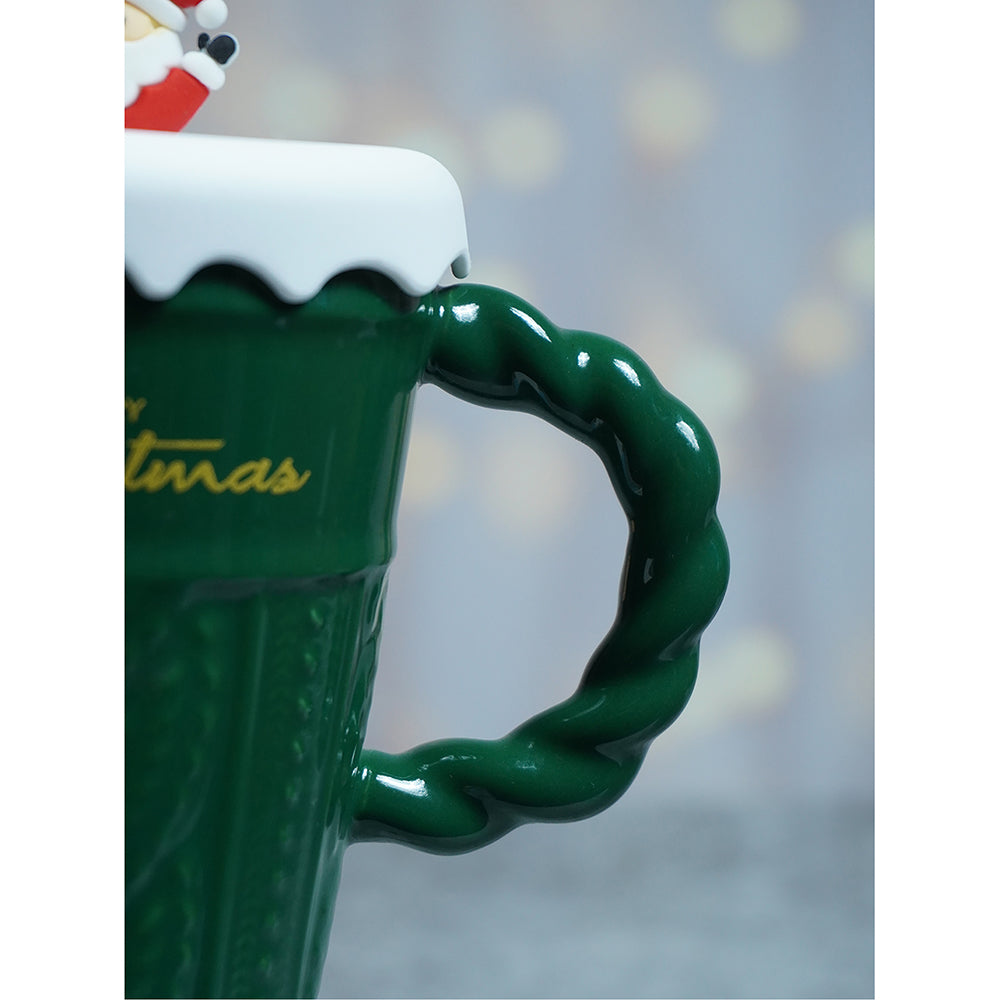 Green Self Knit Patterned ceramic christmas Coffee Mug with 3d christmas Tree Lid and Straw