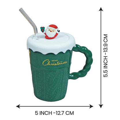 Green Self Knit Patterned ceramic christmas Coffee Mug with 3d christmas Tree Lid and Straw