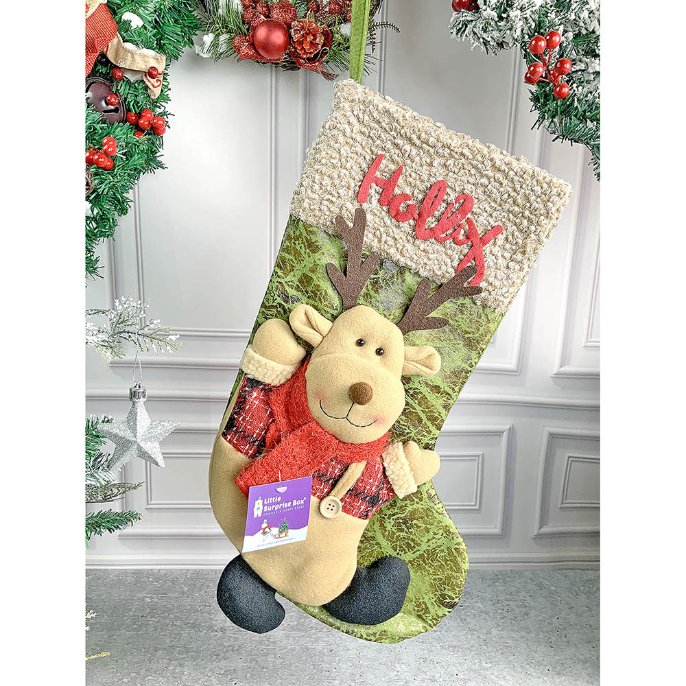 Holly Lettering Reindeer Christmas Stocking, 18 inches