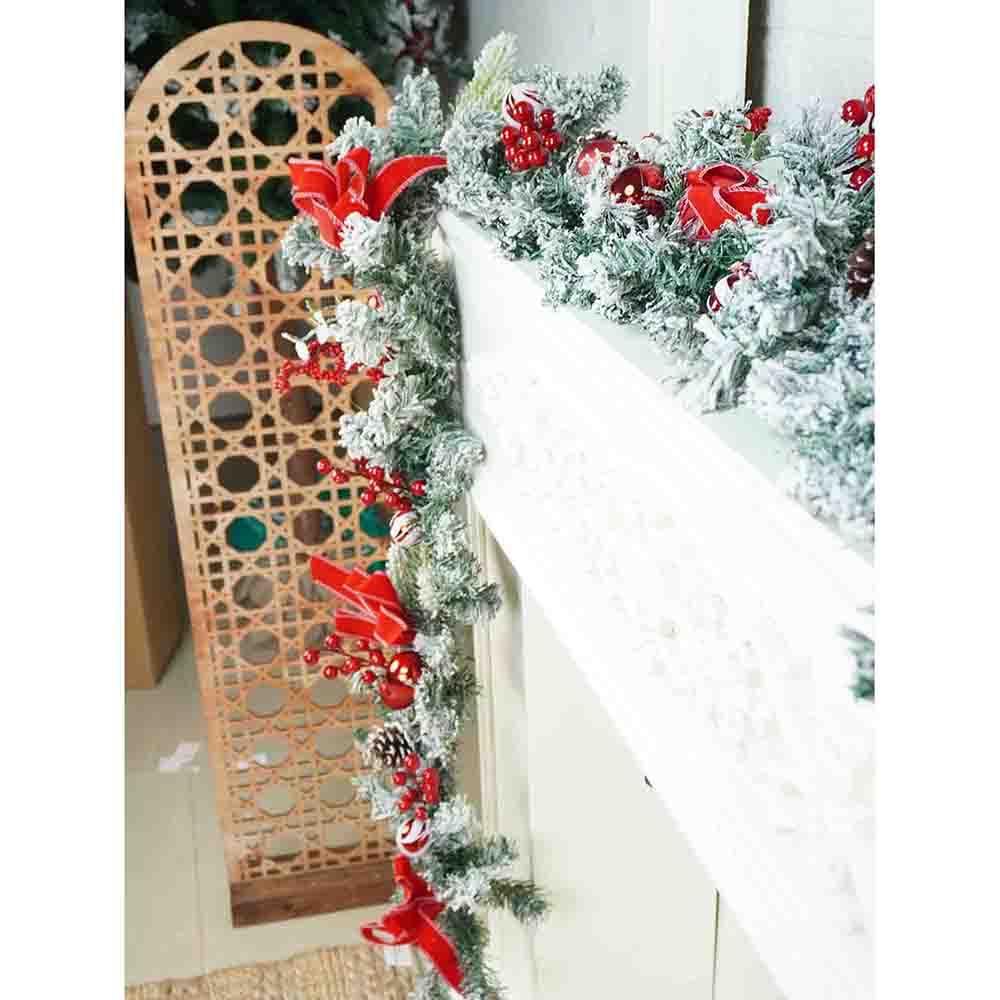 Berry & Bows themed Red & White Bushy Christmas garland with fillers, 6.5 feet