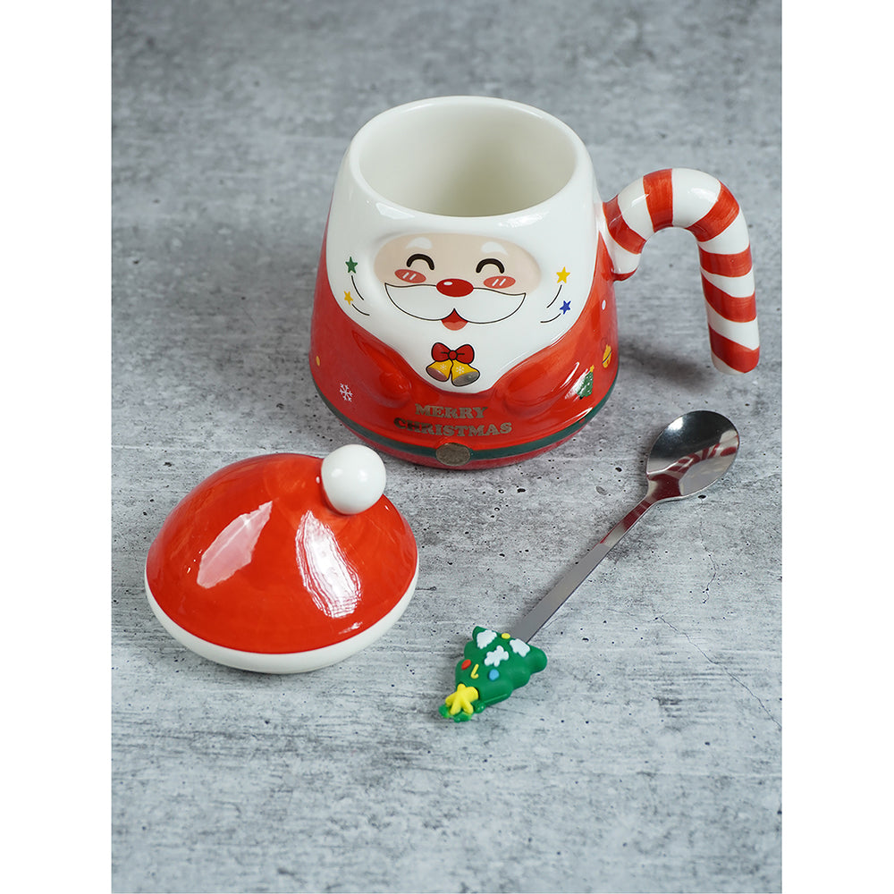 Red Santa Candy Cane Handle Ceramic Christmas Coffee Mug with lid and tree embellished Stainless Steel Spoon