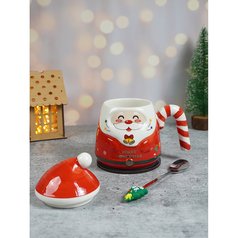 Red Santa Candy Cane Handle Ceramic Christmas Coffee Mug with lid and tree embellished Stainless Steel Spoon